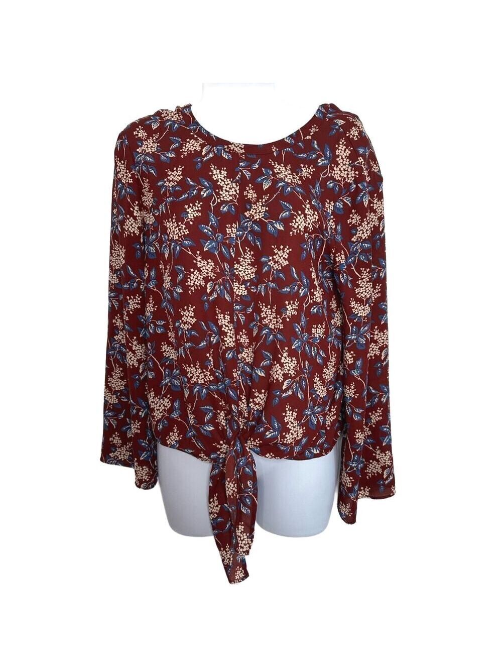 Madewell Women's Bell-Sleeved Tie Front Floral Blouse in Burgundy, Size S